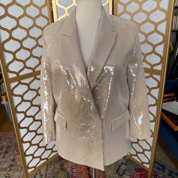 H&M Size L NEW Beige Sequined Glam Rock Party Peak Lapel Blazer Jacket - Picture 8 of 16